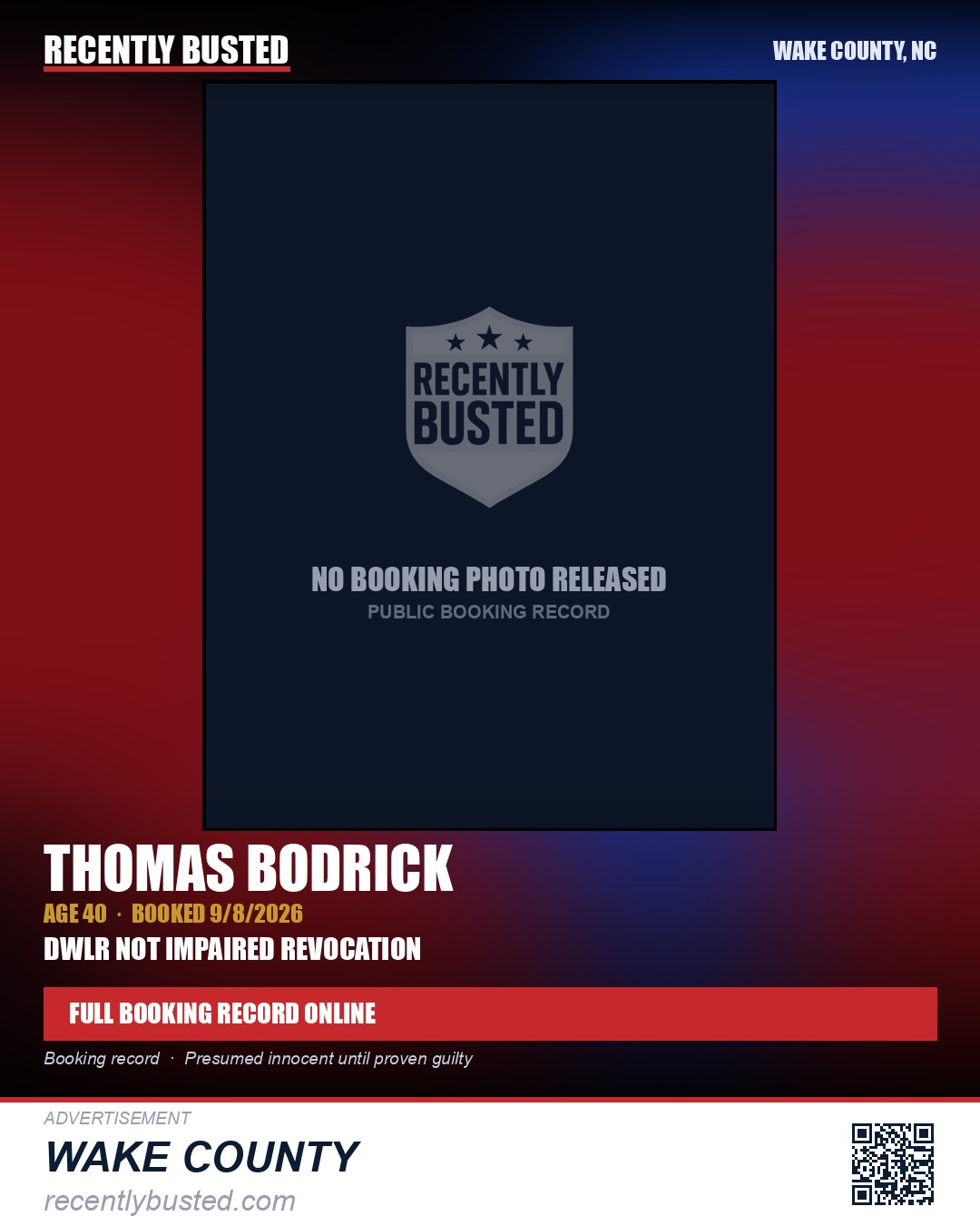 THOMAS BODRICK — arrest record card, Wake County, North Carolina