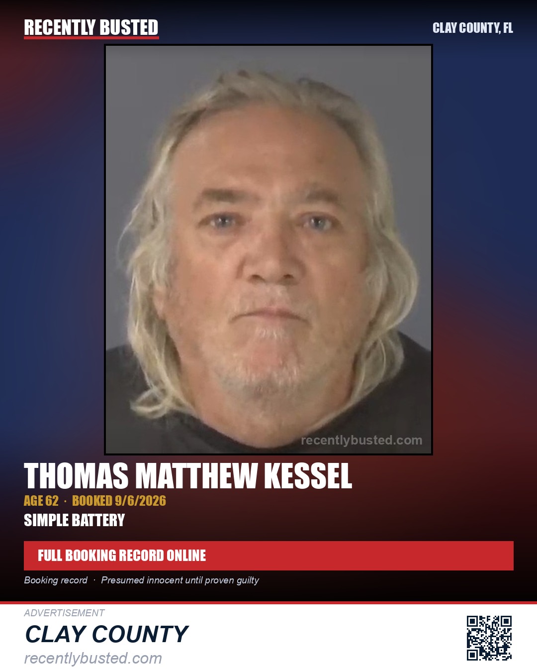 THOMAS MATTHEW KESSEL — arrest record card, Clay County, Florida