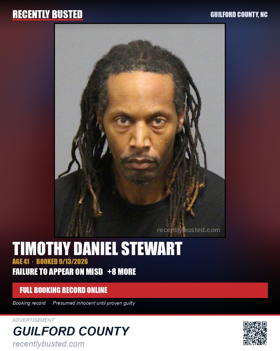 TIMOTHY DANIEL STEWART — arrest record card, Guilford County, North Carolina