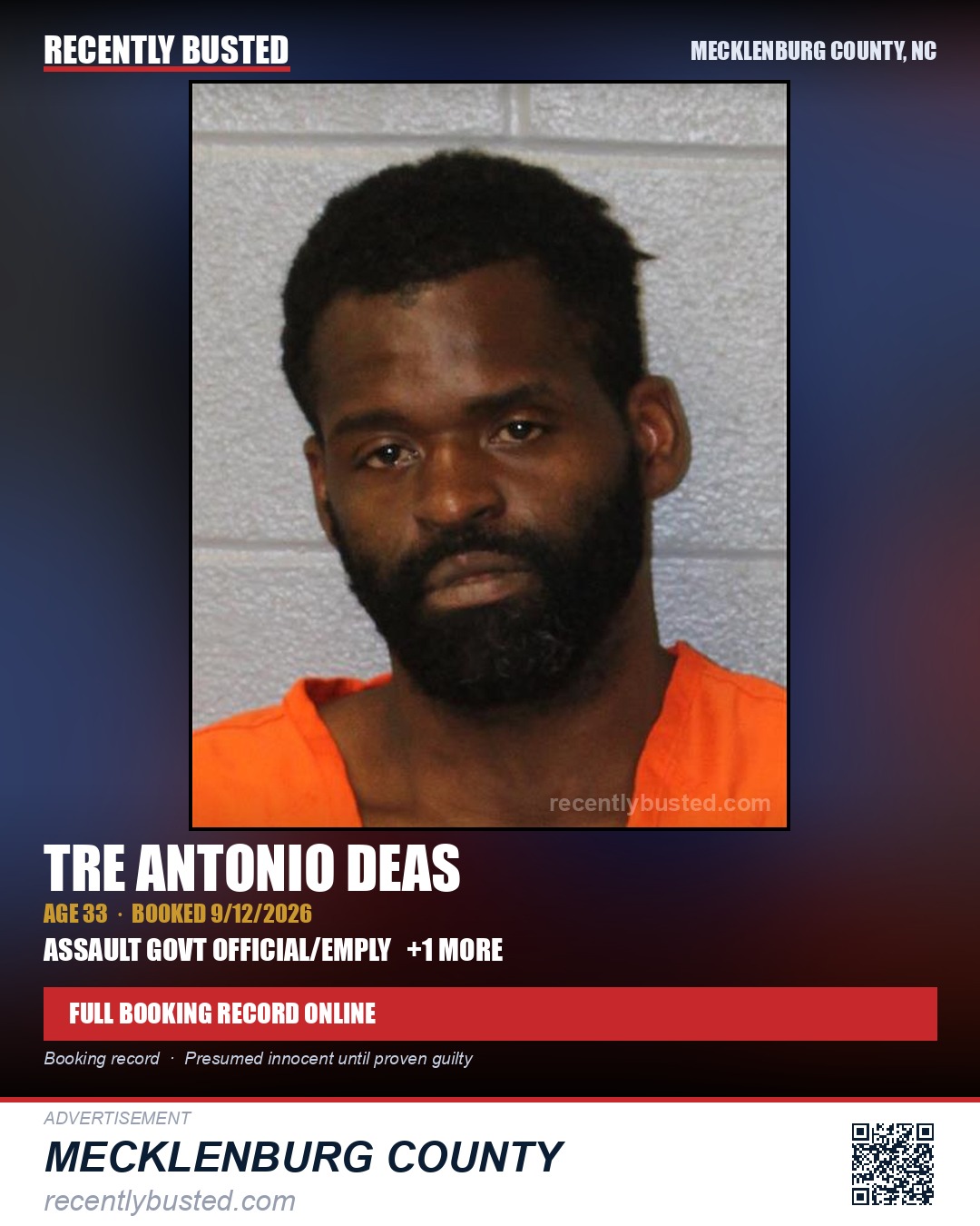 TRE ANTONIO DEAS — arrest record card, Mecklenburg County, North Carolina