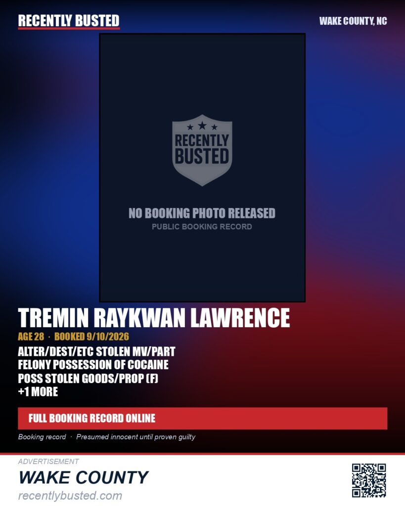 TREMIN RAYKWAN LAWRENCE — arrest record card, Wake County, North Carolina