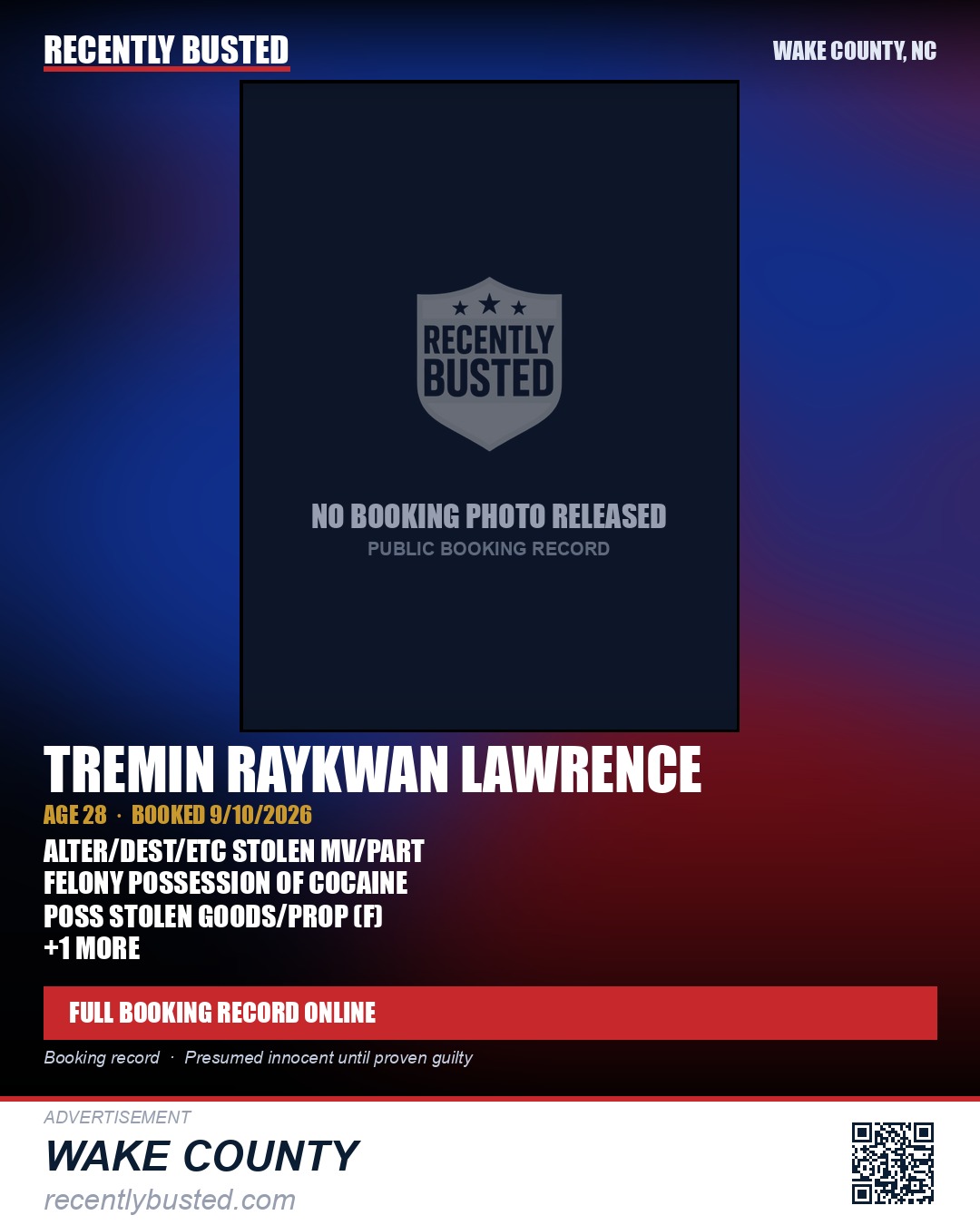 TREMIN RAYKWAN LAWRENCE — arrest record card, Wake County, North Carolina