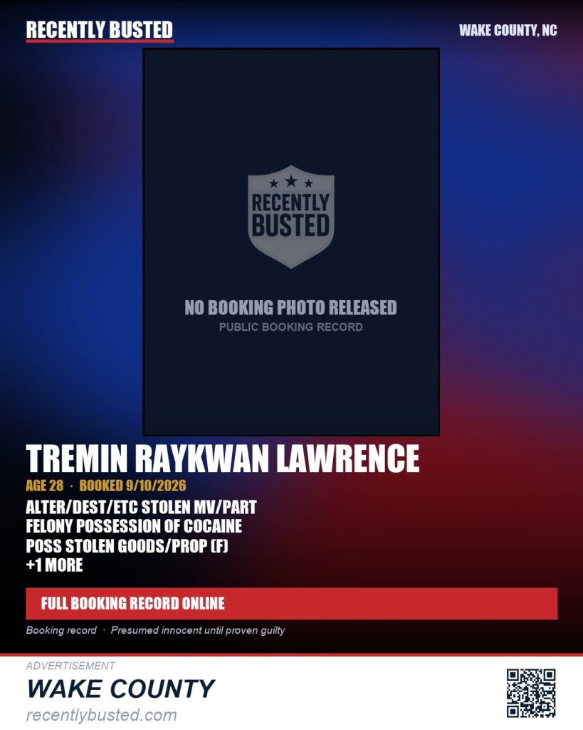 TREMIN RAYKWAN LAWRENCE — arrest record card, Wake County, North Carolina
