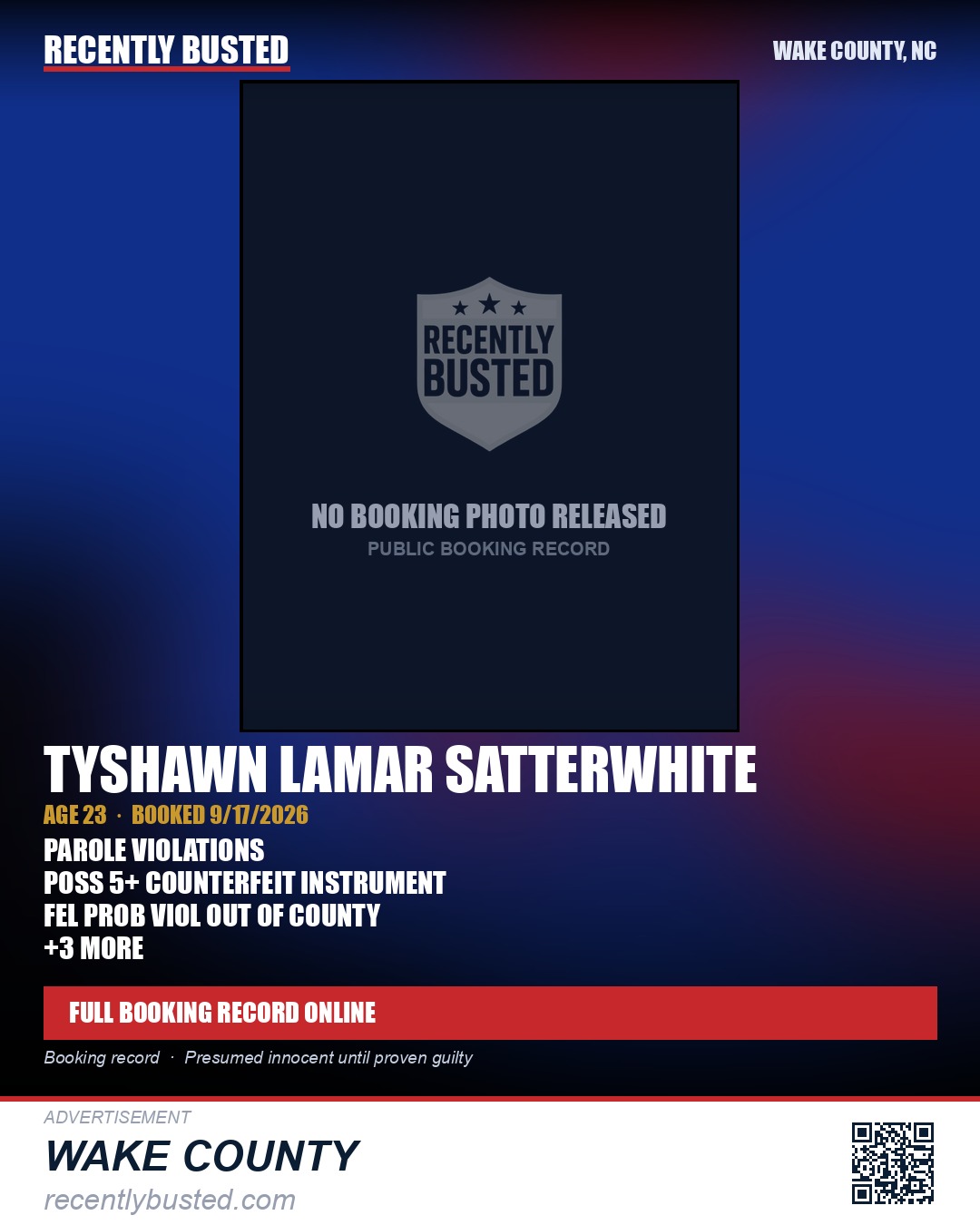 TYSHAWN LAMAR SATTERWHITE — arrest record card, Wake County, North Carolina