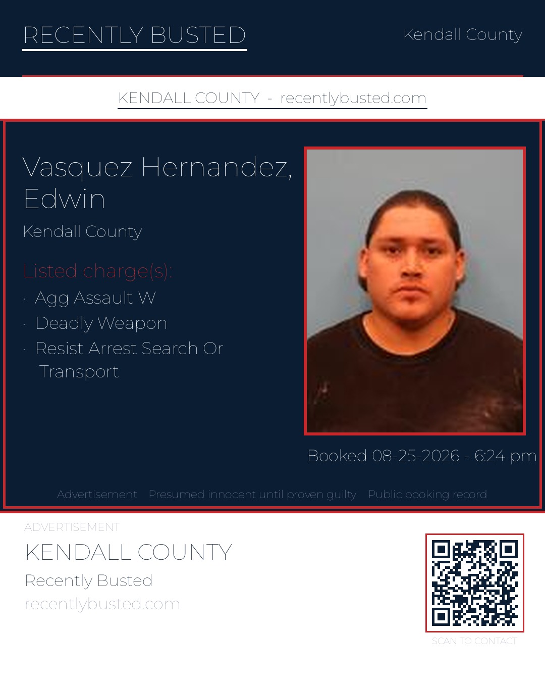 Vasquez Hernandez, Edwin — arrest record card, Kendall County, Texas