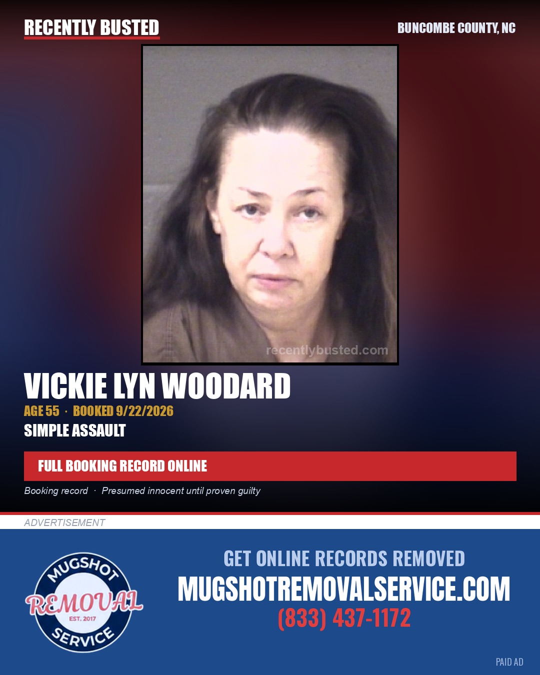 VICKIE LYN WOODARD — arrest record card, Buncombe County, North Carolina