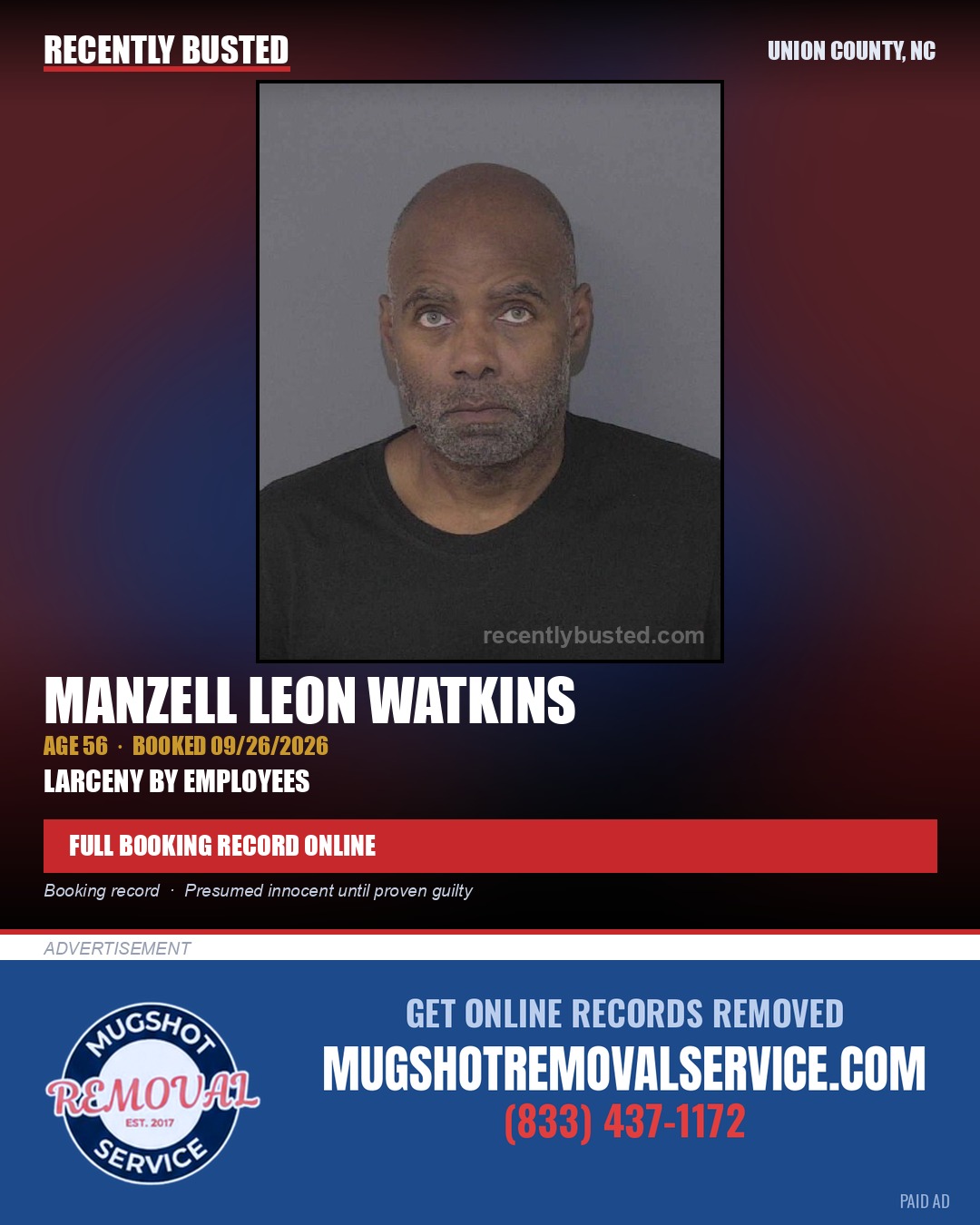 WATKINS, MANZELL LEON — arrest record card, Union County, North Carolina