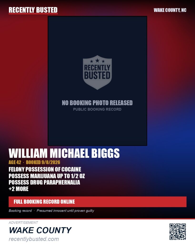 WILLIAM MICHAEL BIGGS — arrest record card, Wake County, North Carolina
