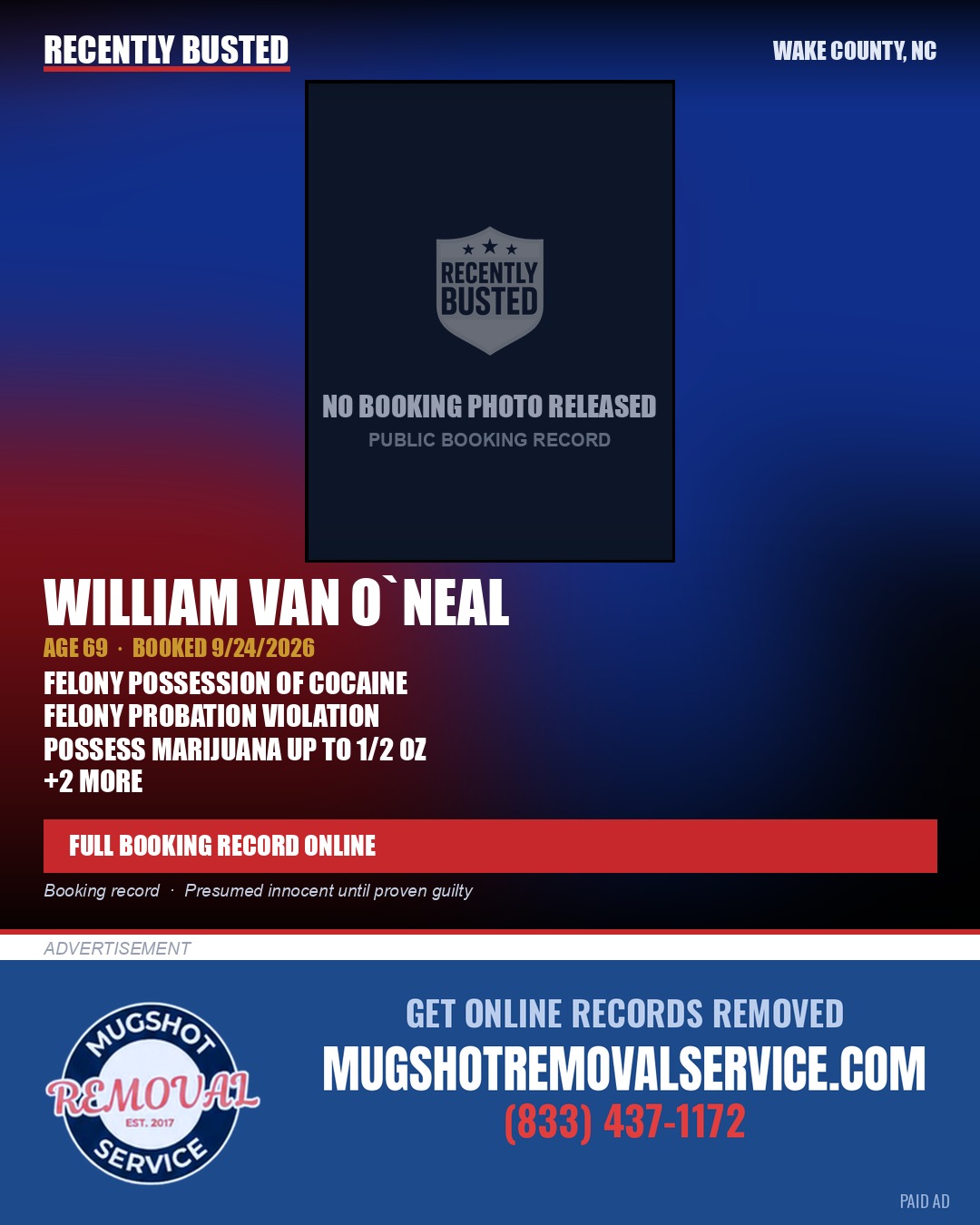 WILLIAM VAN O`NEAL — arrest record card, Wake County, North Carolina