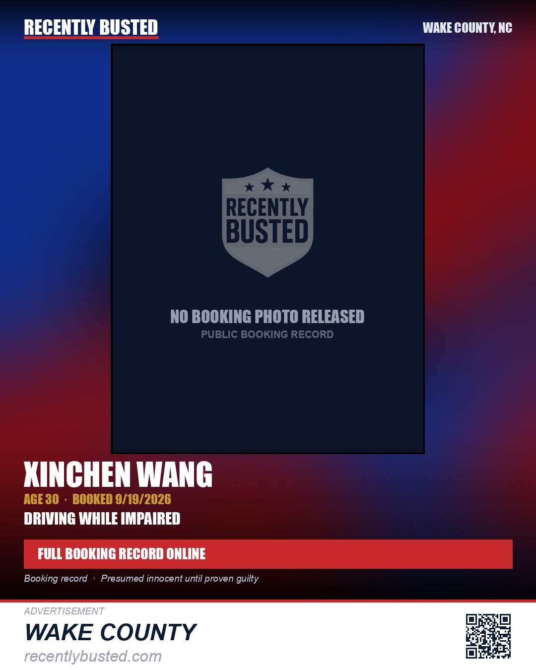 XINCHEN WANG — arrest record card, Wake County, North Carolina