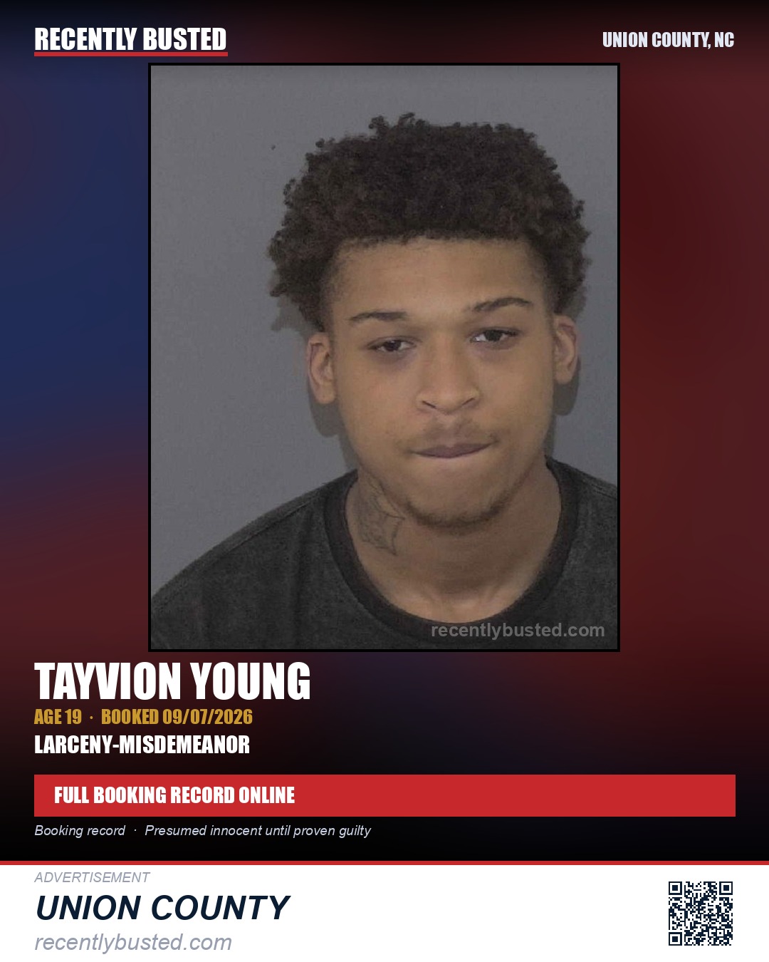 YOUNG, TAYVION — arrest record card, Union County, North Carolina