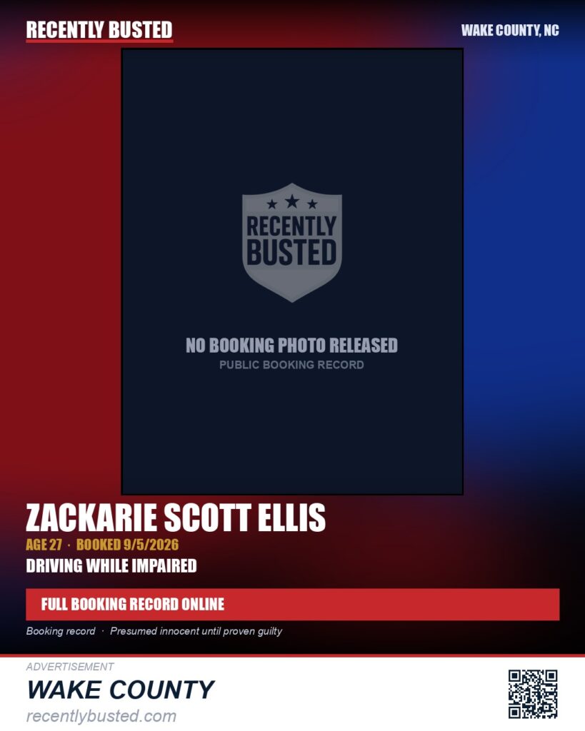 ZACKARIE SCOTT ELLIS — arrest record card, Wake County, North Carolina