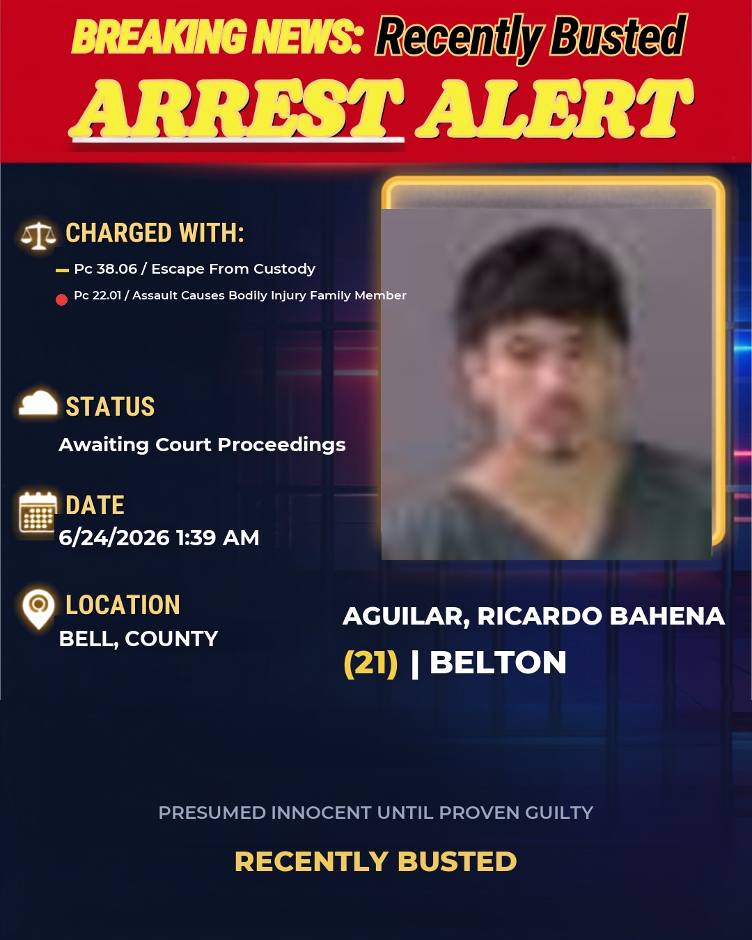 AGUILAR, RICARDO BAHENA — arrest record card, Bell County