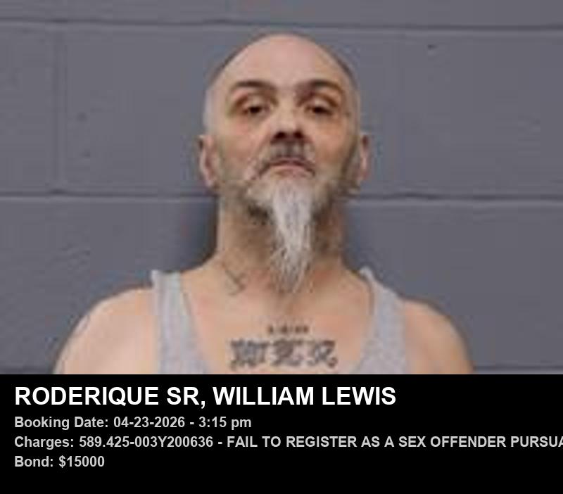 WILLIAM LEWIS RODERIQUE SR — arrest record card, Johnson County, Missouri