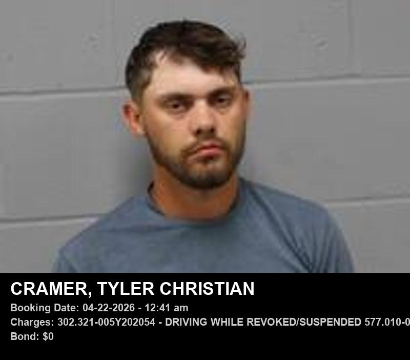 TYLER CHRISTIAN CRAMER — arrest record card, Johnson County, Missouri
