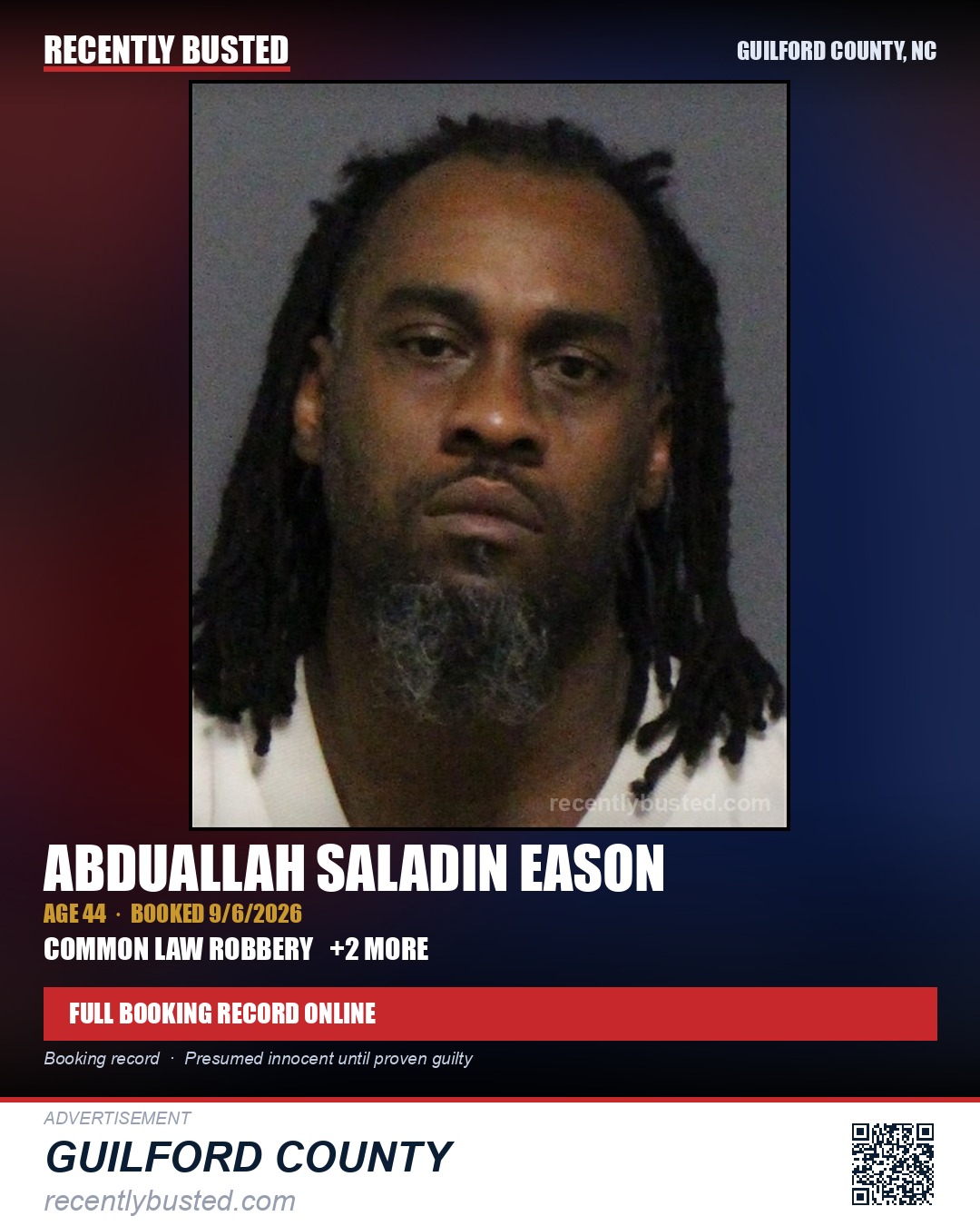 ABDUALLAH SALADIN EASON — arrest record card, Guilford County, North Carolina