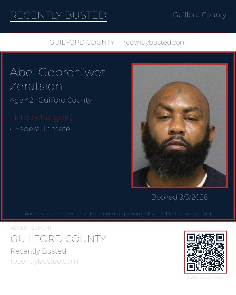 ABEL GEBREHIWET ZERATSION — arrest record card, Guilford County, North Carolina
