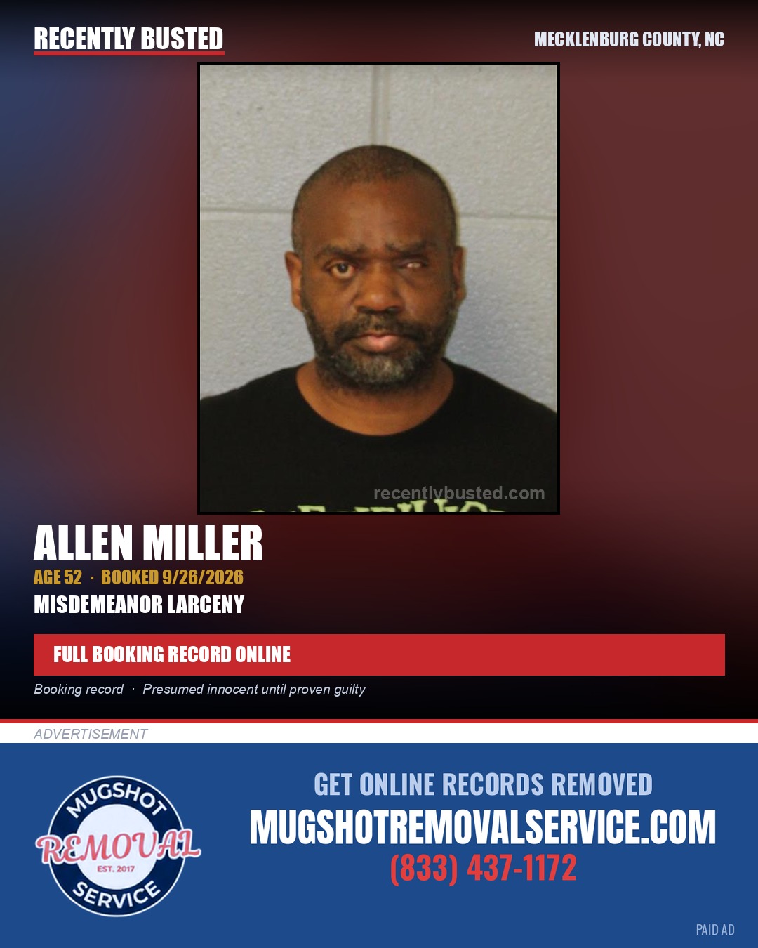 ALLEN MILLER — arrest record card, Mecklenburg County, North Carolina