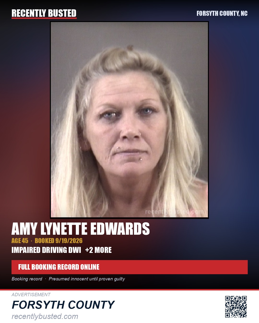 AMY LYNETTE EDWARDS — arrest record card, Forsyth County, North Carolina