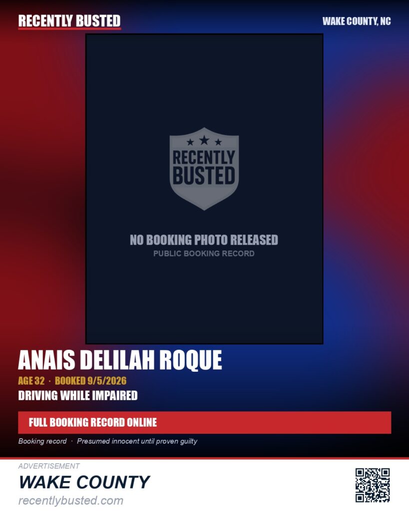 ANAIS DELILAH ROQUE — arrest record card, Wake County, North Carolina