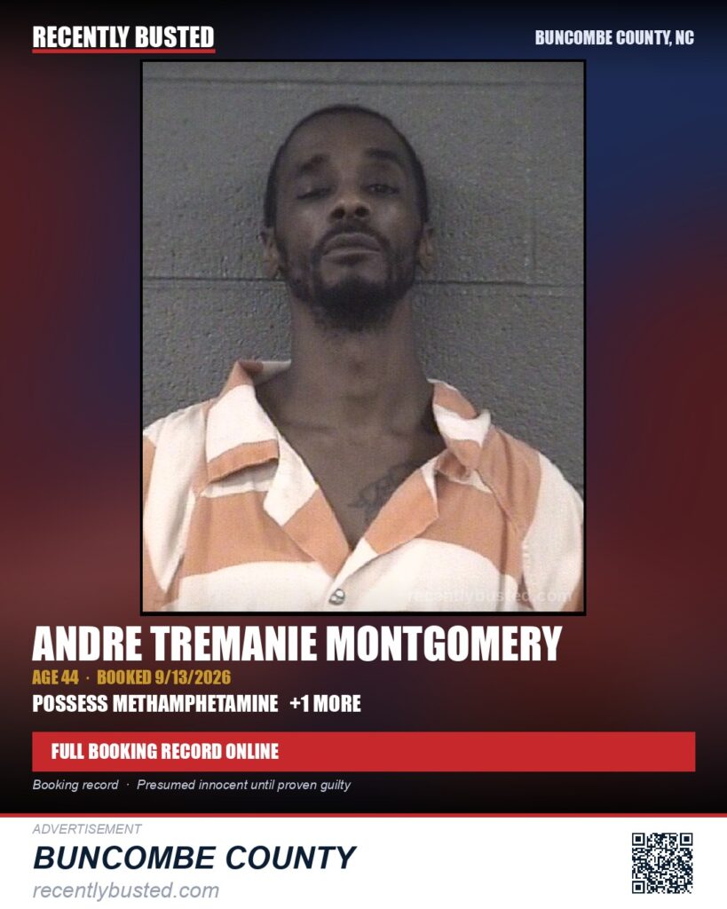 ANDRE TREMANIE MONTGOMERY — arrest record card, Buncombe County, North Carolina