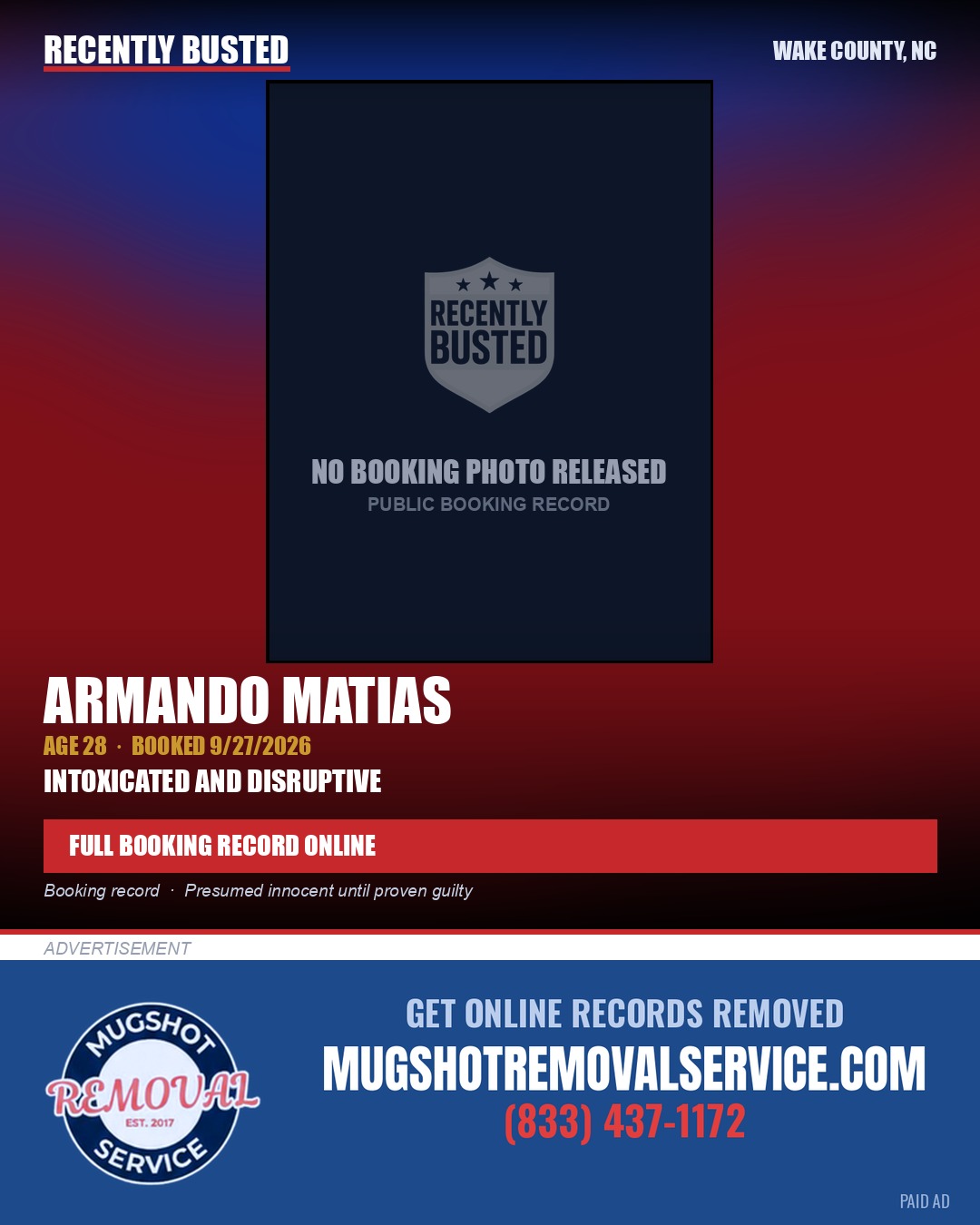 ARMANDO MATIAS — arrest record card, Wake County, North Carolina