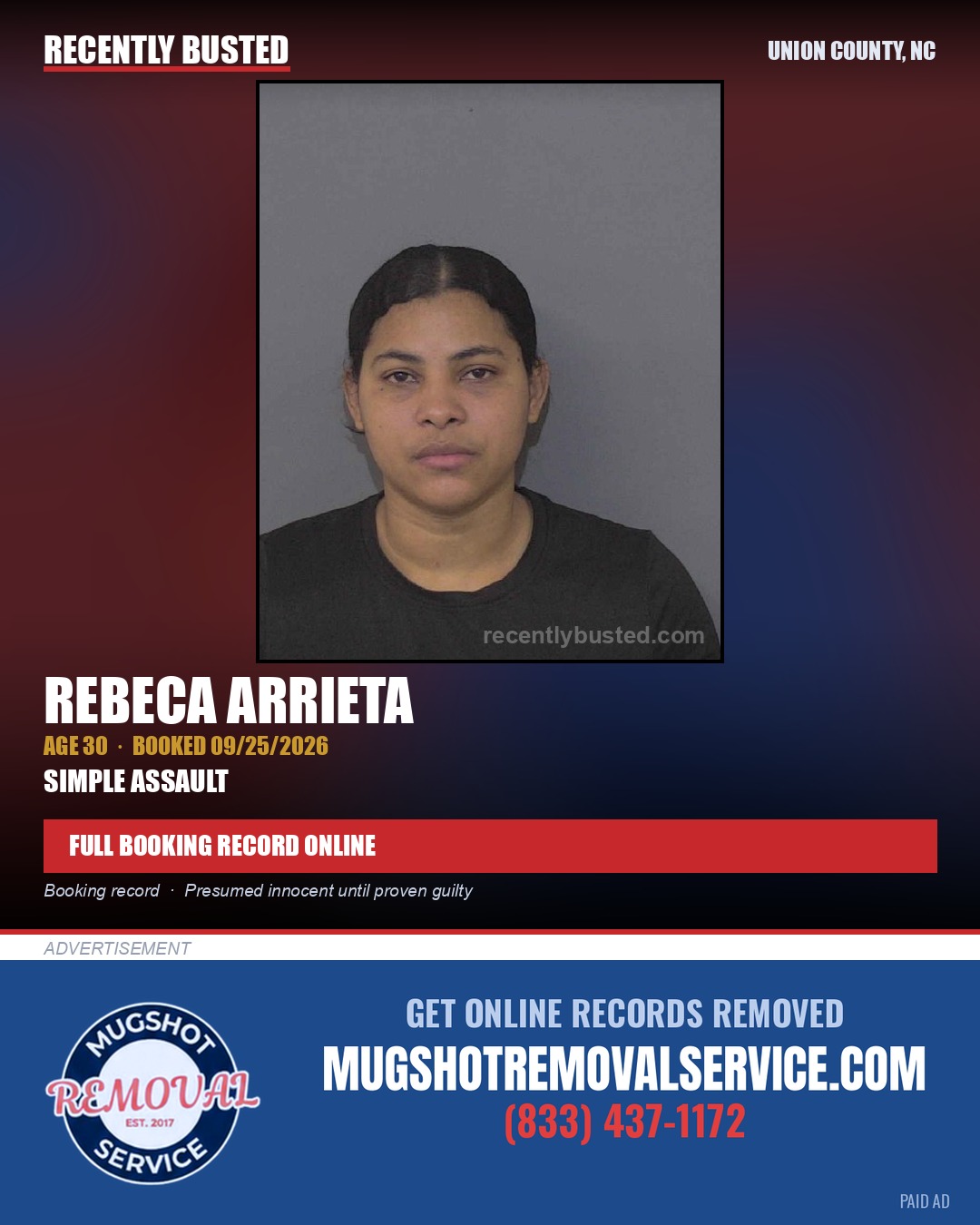 ARRIETA, REBECA — arrest record card, Union County, North Carolina