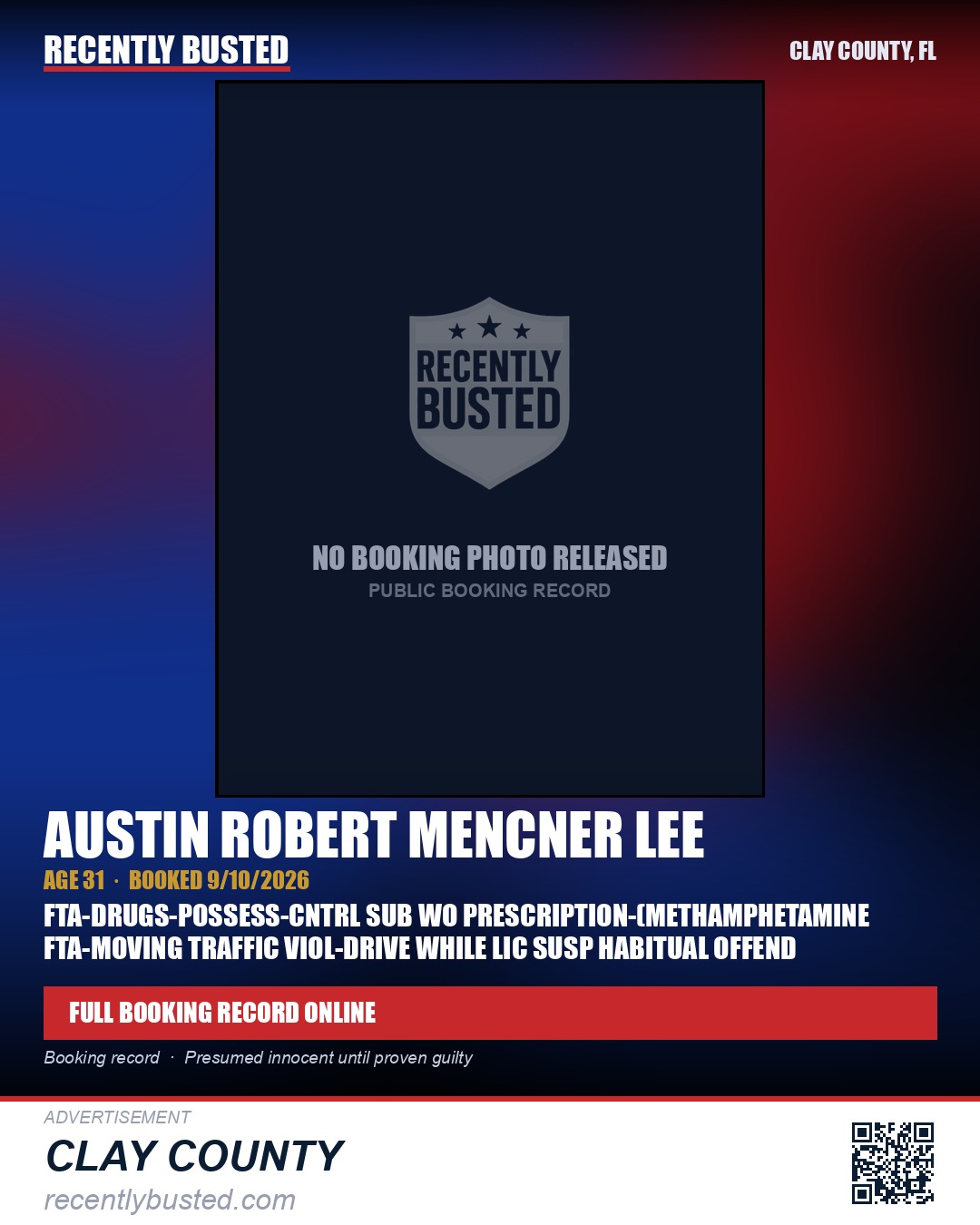 AUSTIN ROBERT MENCNER LEE — arrest record card, Clay County, Florida