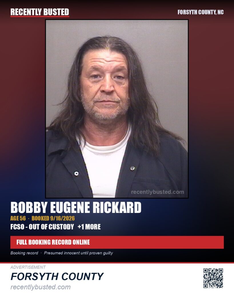 BOBBY EUGENE RICKARD — arrest record card, Forsyth County, North Carolina