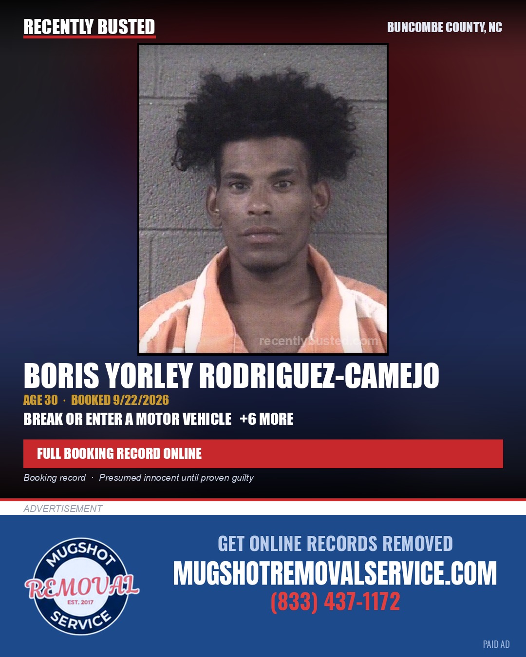 BORIS YORLEY RODRIGUEZ-CAMEJO — arrest record card, Buncombe County, North Carolina