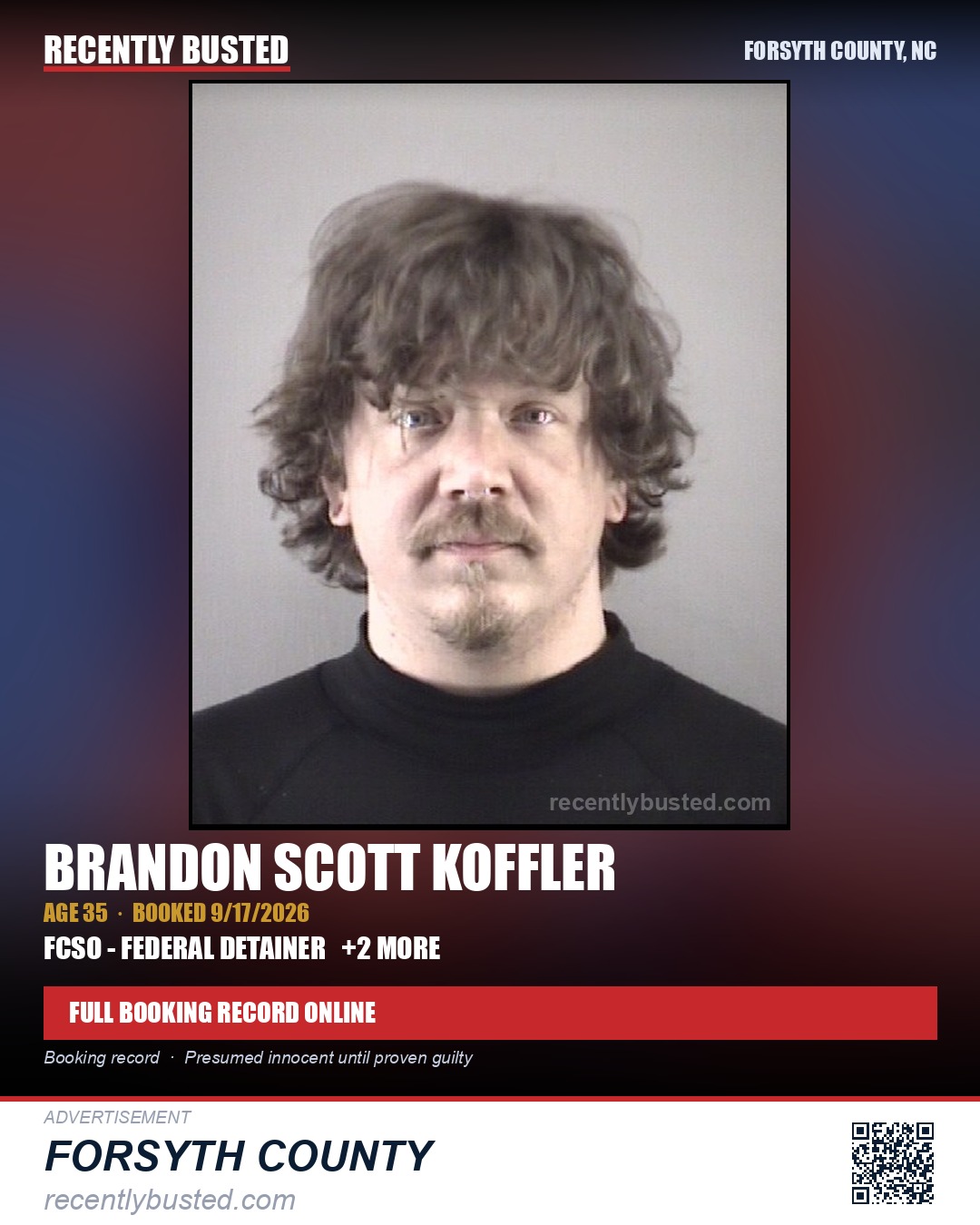 BRANDON SCOTT KOFFLER — arrest record card, Forsyth County, North Carolina