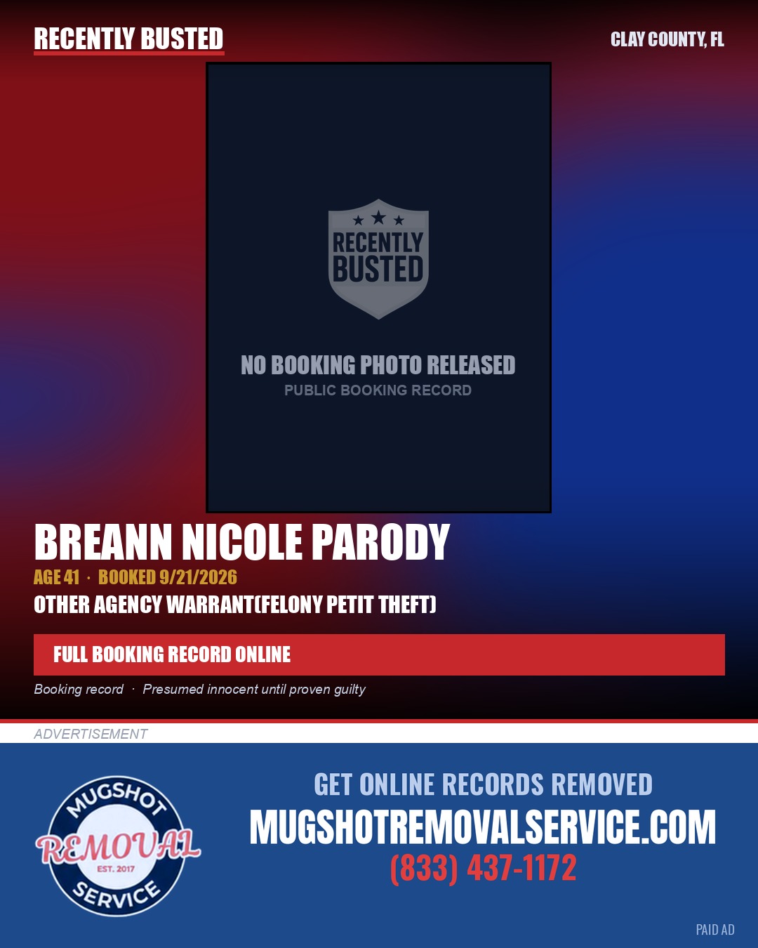 BREANN NICOLE PARODY — arrest record card, Clay County, Florida