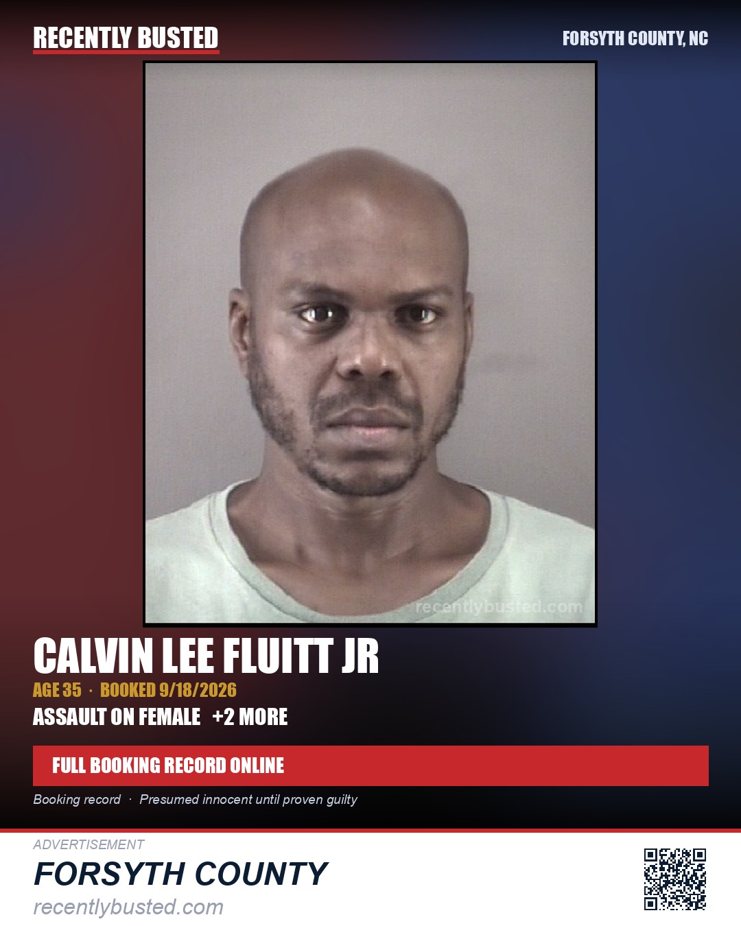 CALVIN LEE FLUITT JR — arrest record card, Forsyth County, North Carolina