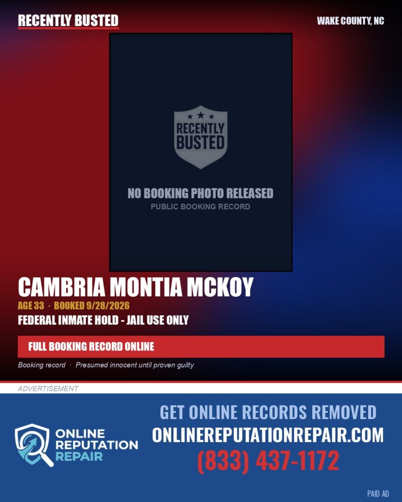 CAMBRIA MONTIA MCKOY — arrest record card, Wake County, North Carolina