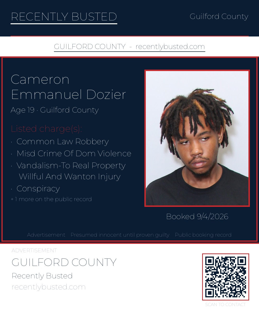 CAMERON EMMANUEL DOZIER — arrest record card, Guilford County, North Carolina