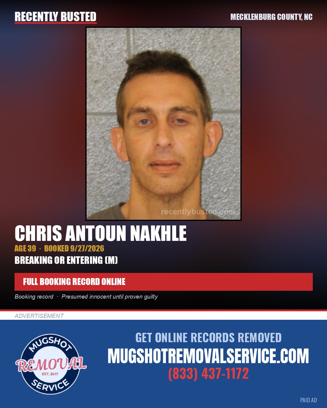 CHRIS ANTOUN NAKHLE — arrest record card, Mecklenburg County, North Carolina