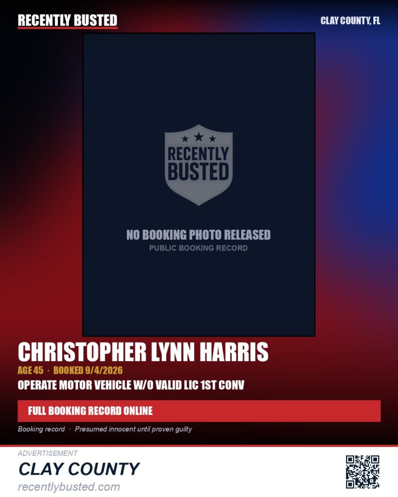 CHRISTOPHER LYNN HARRIS — arrest record card, Clay County, Florida
