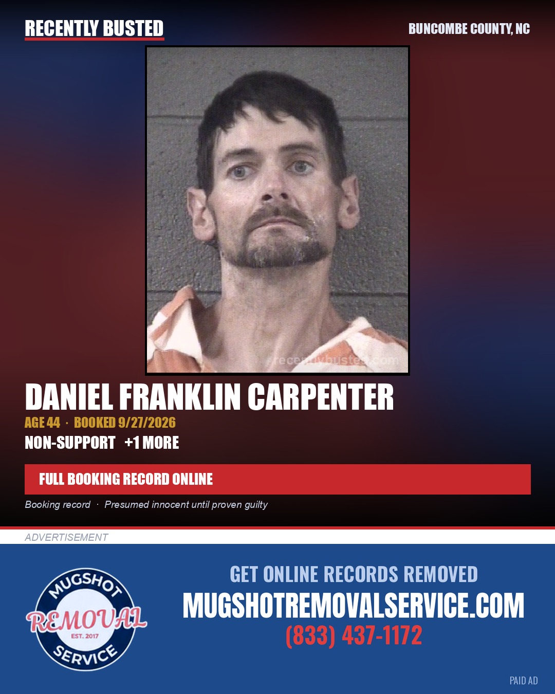 DANIEL FRANKLIN CARPENTER — arrest record card, Buncombe County, North Carolina