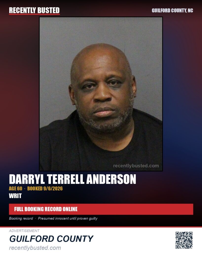 DARRYL TERRELL ANDERSON — arrest record card, Guilford County, North Carolina