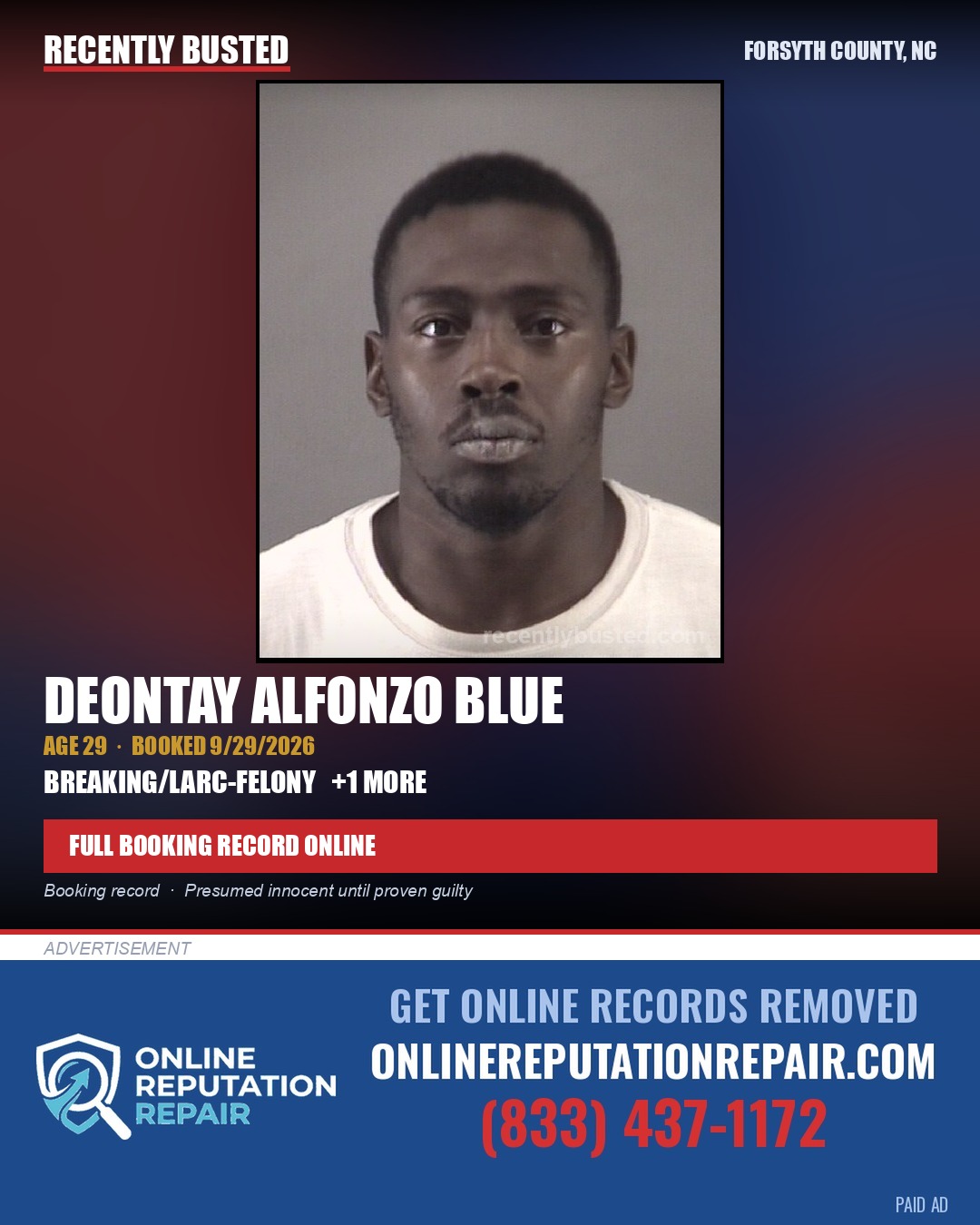 DEONTAY ALFONZO BLUE — arrest record card, Forsyth County, North Carolina