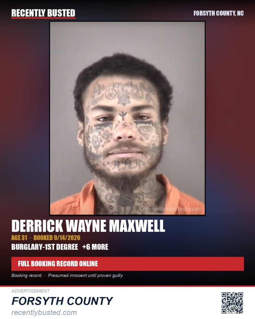 DERRICK WAYNE MAXWELL — arrest record card, Forsyth County, North Carolina