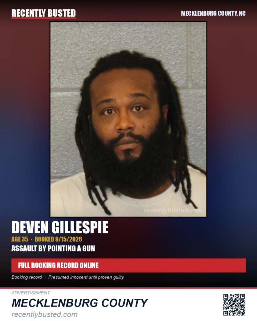 DEVEN GILLESPIE — arrest record card, Mecklenburg County, North Carolina