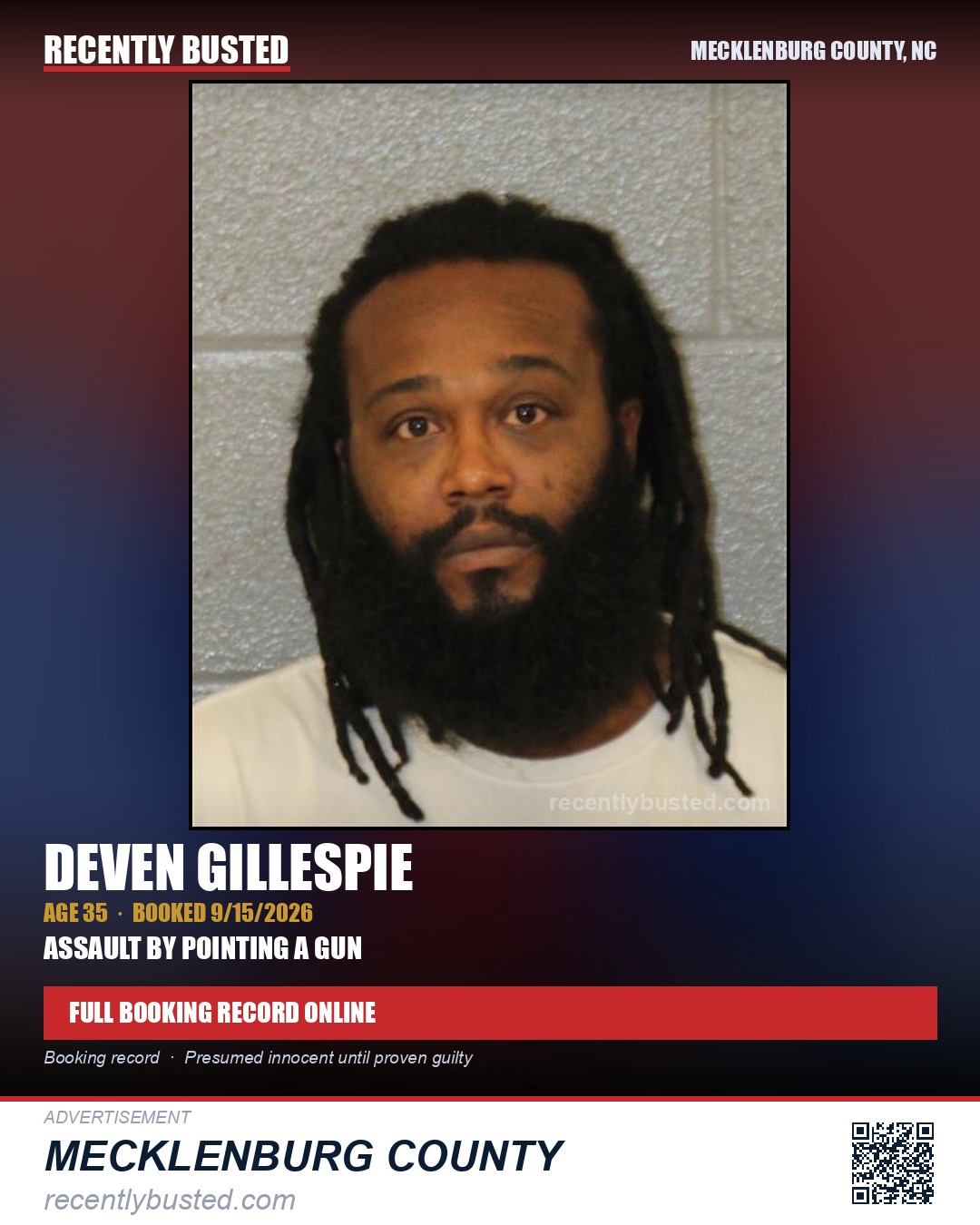 DEVEN GILLESPIE — arrest record card, Mecklenburg County, North Carolina