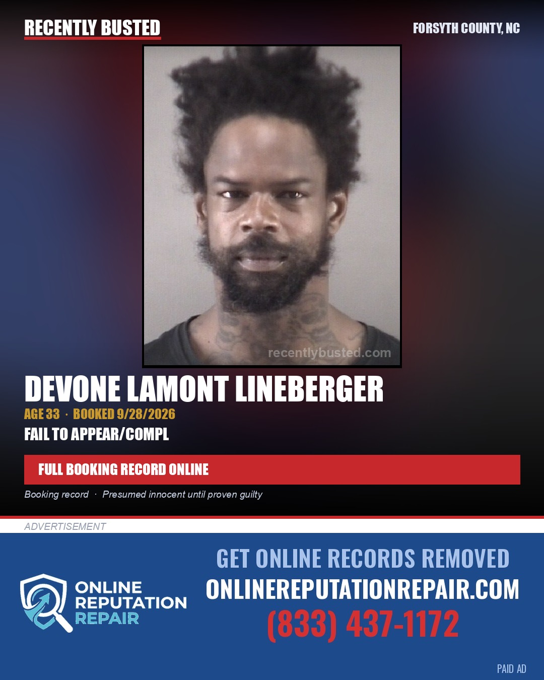 DEVONE LAMONT LINEBERGER — arrest record card, Forsyth County, North Carolina