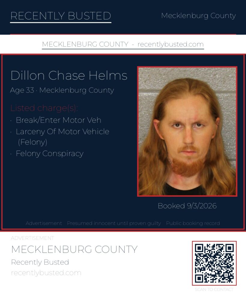 DILLON CHASE HELMS — arrest record card, Mecklenburg County, North Carolina