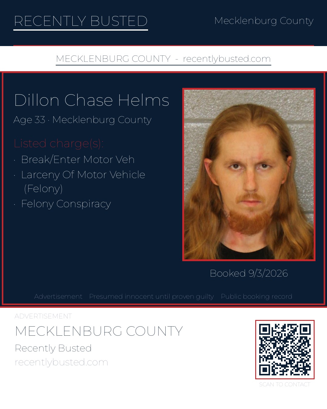 DILLON CHASE HELMS — arrest record card, Mecklenburg County, North Carolina