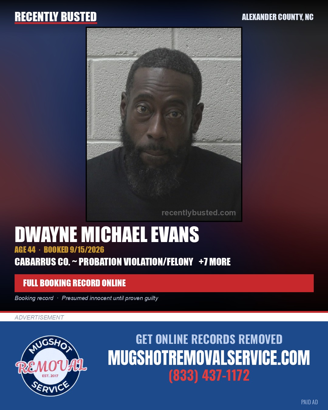 DWAYNE MICHAEL EVANS — arrest record card, Alexander County, North Carolina