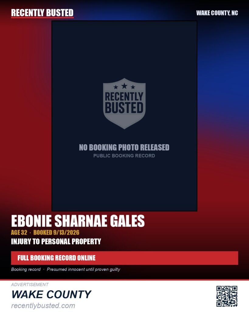 EBONIE SHARNAE GALES — arrest record card, Wake County, North Carolina