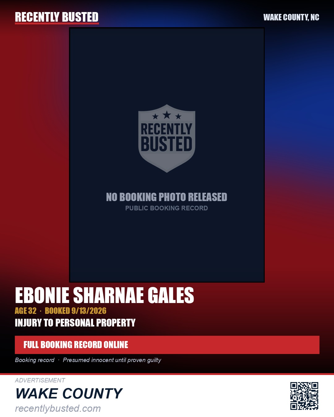 EBONIE SHARNAE GALES — arrest record card, Wake County, North Carolina
