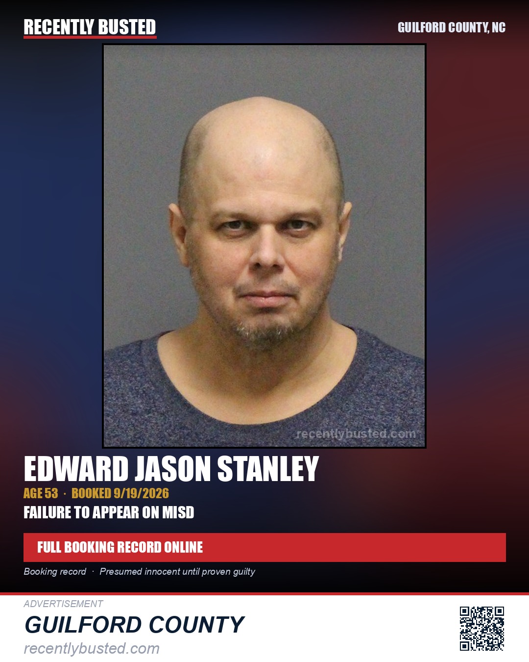 EDWARD JASON STANLEY — arrest record card, Guilford County, North Carolina